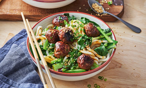 Asian-style pork meatballs with udon noodles