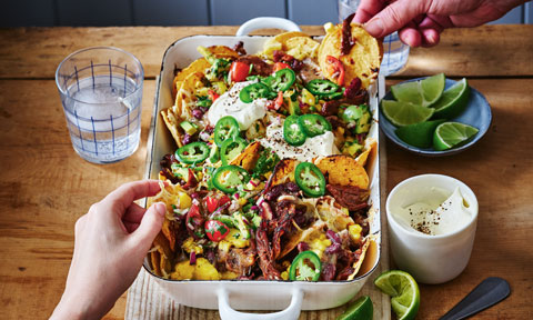 Beef brisket nachos with avocado salsa