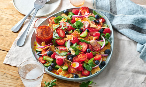 Fattoush-style berry salad with raspberry-chilli dressing