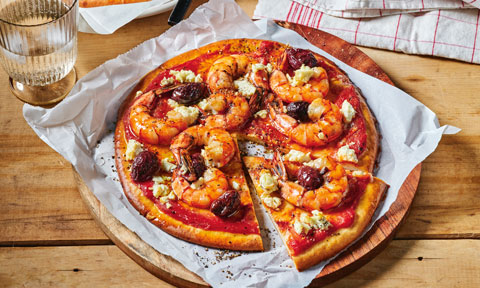 Gluten-free saganaki-style prawn pizza 