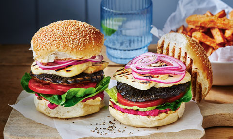 Grilled mushroom and haloumi burgers