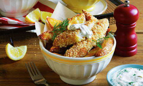 Healthier fish and chips with yoghurt tartare