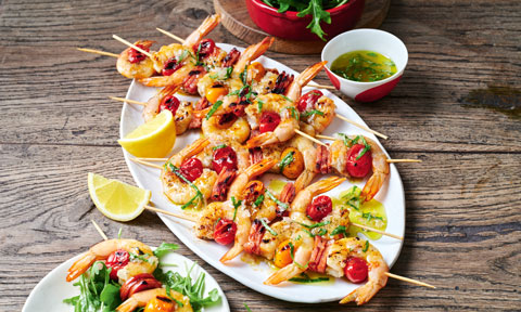 Prawn, tomato and chorizo skewers