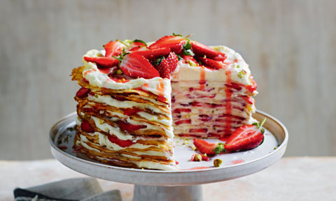 Strawberry and pistachio crepe layer cake