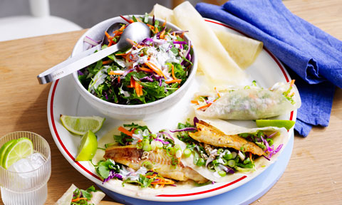 Savoury fish pancakes with slaw