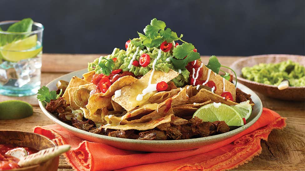 Pulled Beef Nachos with Guacamole, Coriander & Lime Sour Cream