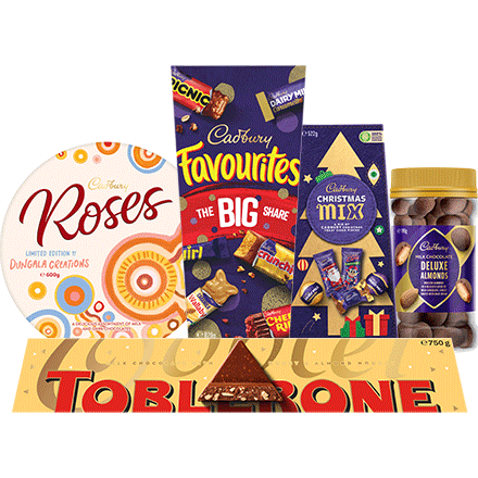 Cadbury products and Toblerone in front of santa animation