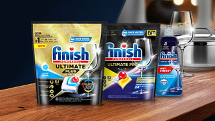 Finish products on table with clean glass