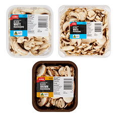 3 packets of Coles Sliced White Mushrooms 200g and 375g and Sliced Brown Mushrooms 200g