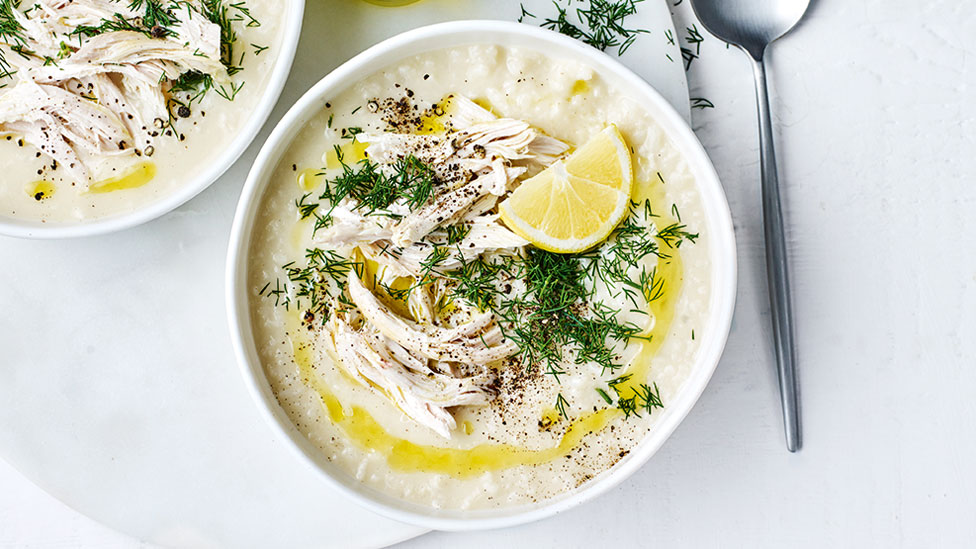 Greek lemon soup with roast chicken meat