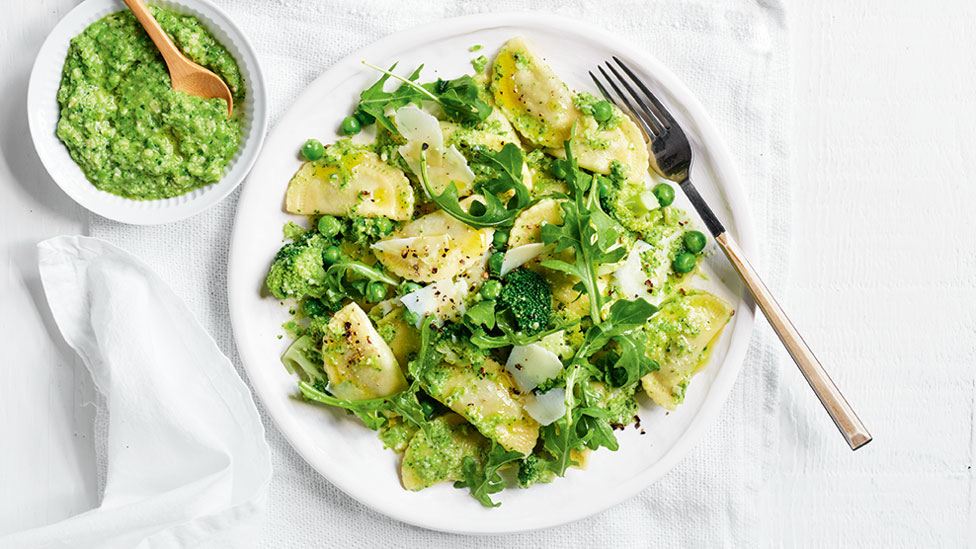 Broccoli and pea pesto agnolotti with shaved parmesan