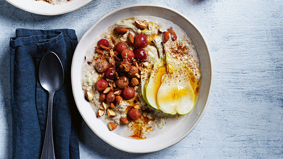 Pear Bircher muesli with chia and vanilla almond milk