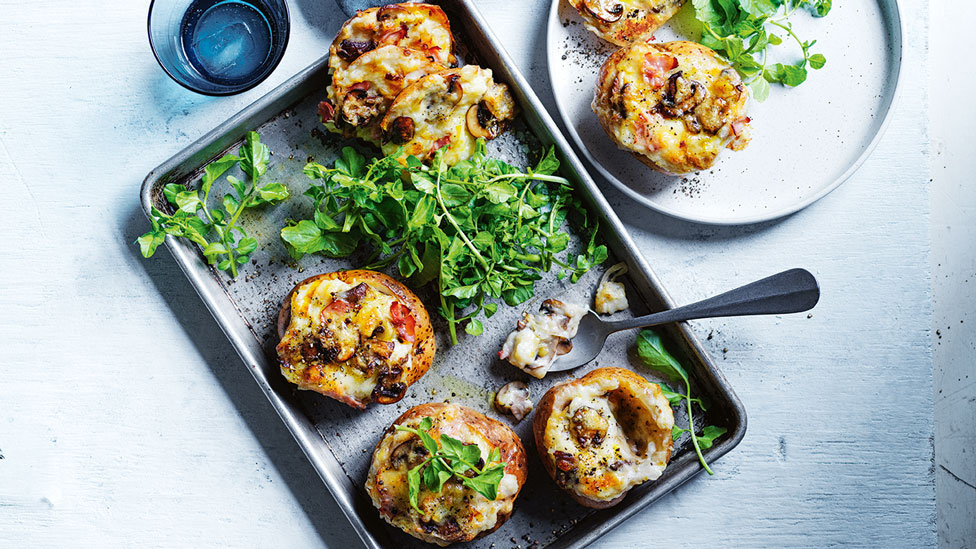 Curtis' stuffed jacket potatoes with gruyere, mushrooms and watercress leaves