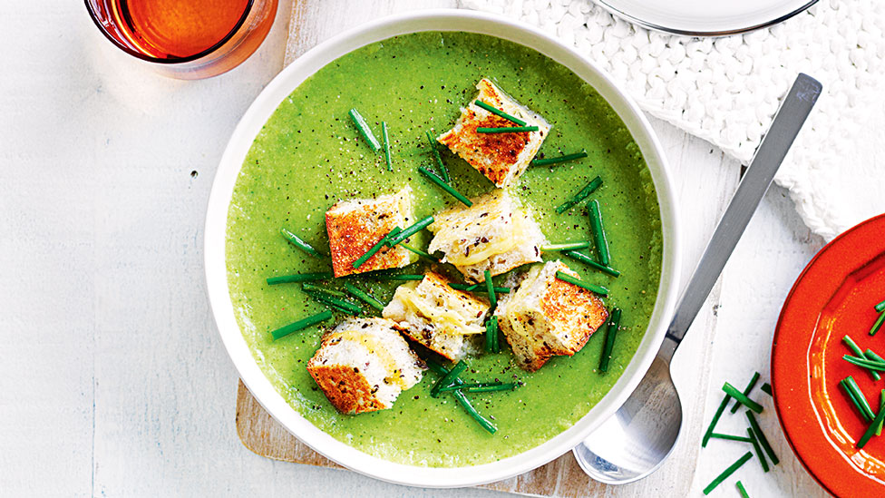 Pea and broccoli soup with grilled cheese sandwich croutons