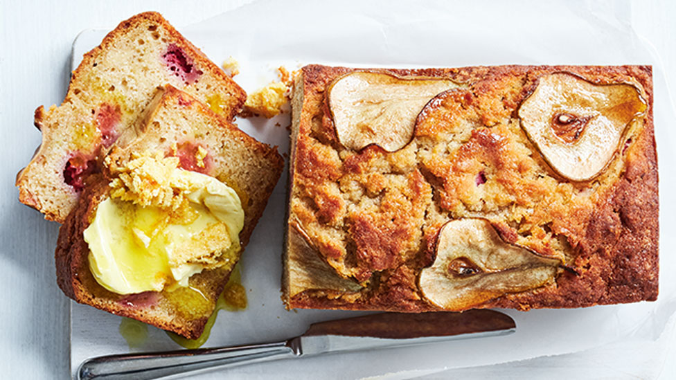 Thickly sliced pear and raspberry bread