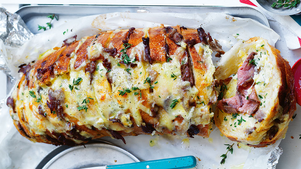 Thickly sliced philly cheesesteak garlic bread