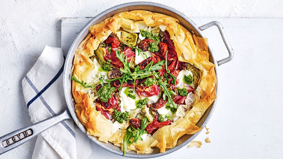 Prosciutto, artichoke and pesto filo pie