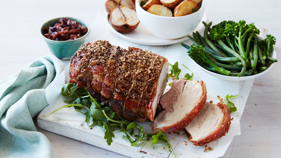 Roast pork and pears with cranberry and balsamic relish