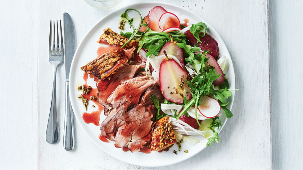 Roasted pork with poached pear salad 