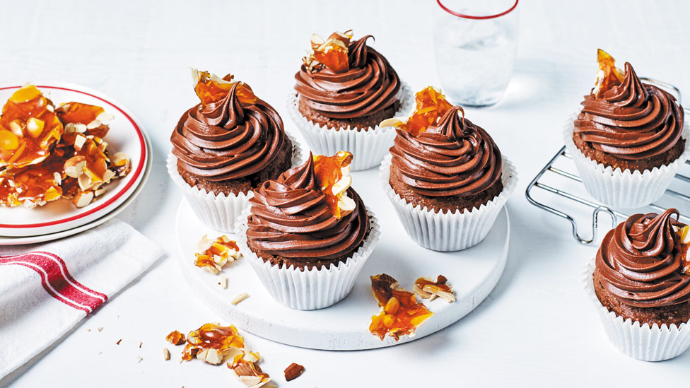 Six spiced chocolate and almond cupcakes with toffee brittle