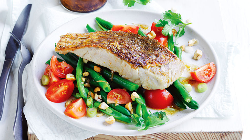 Spiced barramundi with tomato and bean salad