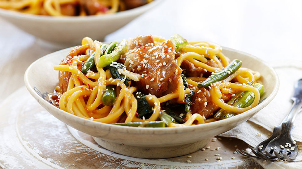 Chicken, celery and gai lan stir-fry