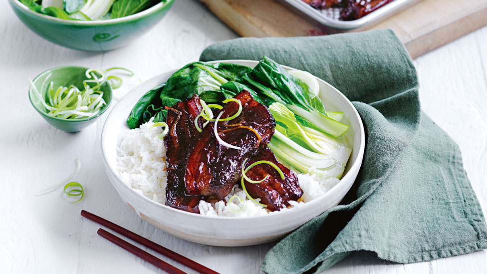 Slow roasted sticky chinese ribs with Asian greens