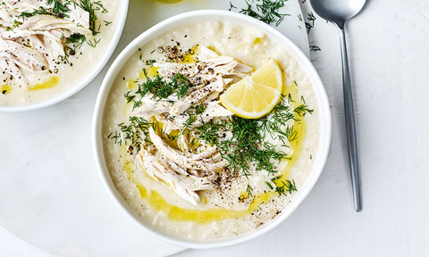 Greek lemon soup with roast chicken meat