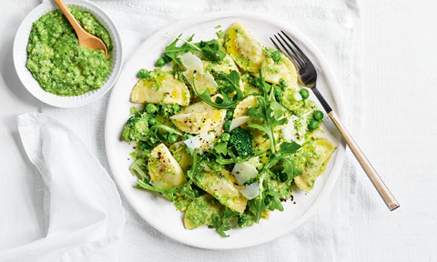 Broccoli and pea pesto agnolotti with shaved parmesan