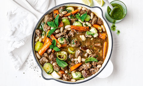 Lamb and bean casserole with mint pesto