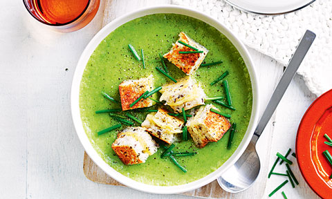 Pea and broccoli soup with grilled cheese sandwich croutons