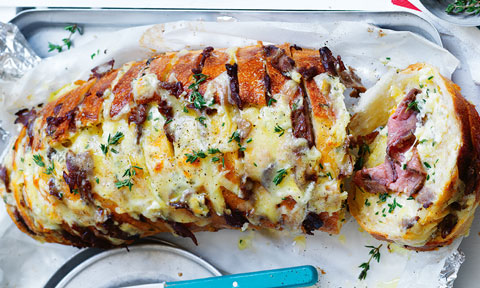 Thickly sliced philly cheesesteak garlic bread