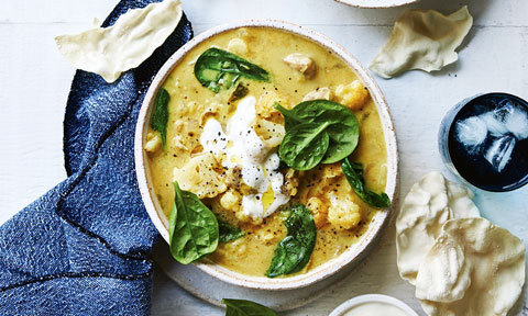 Spiced chicken, lentil and cauliflower soup
