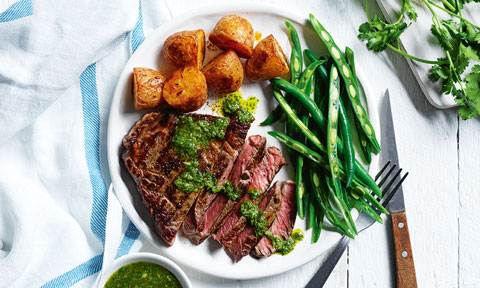 Steak with roast potatoes and coriander chimichurri