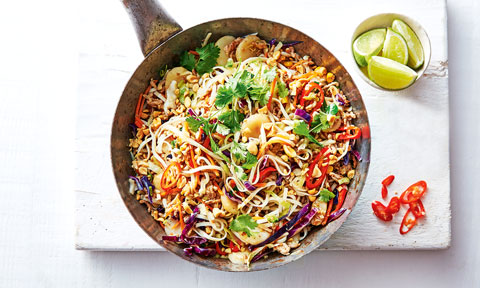 A bowl of chilli pork stir fry with noodles