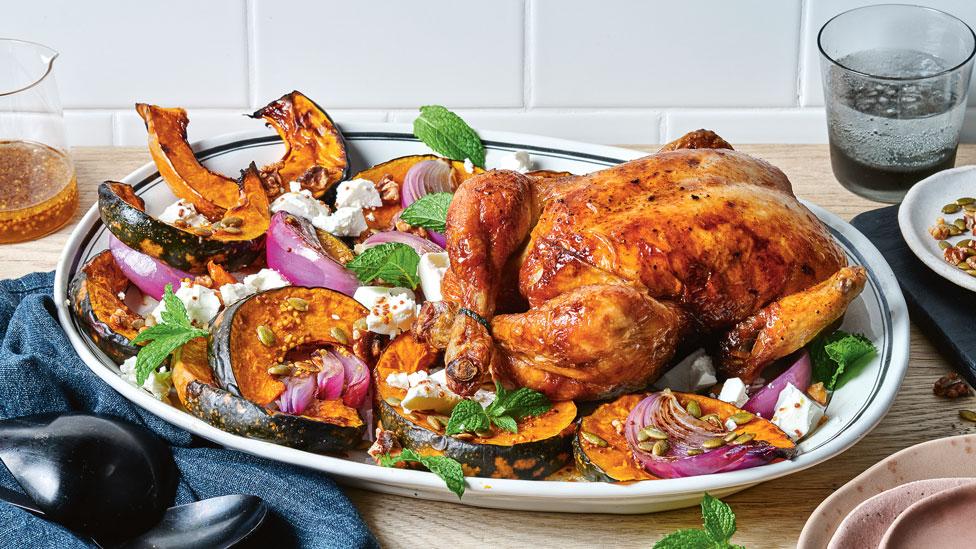 Honey roast chicken with roasted pumpkin salad