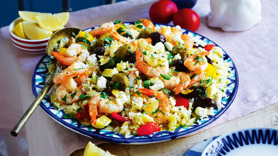 Mediterranean-style orzo with prawns