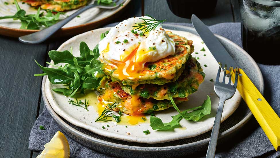 Pea and salmon fritters with poached eggs