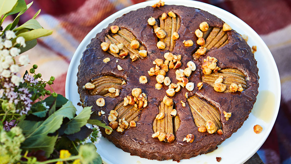 Spiced chocolate, hazelnut and pear torte