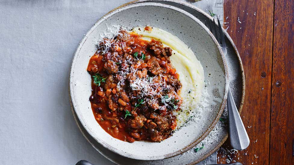 Speedy sausage and smoky bean ragu with mash