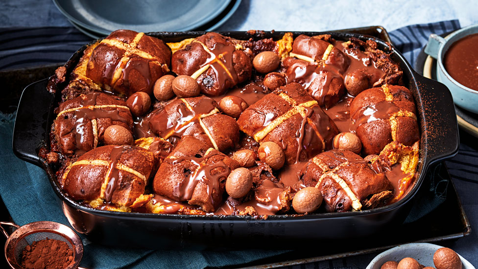 Luke Mangan’s Easter bread and butter pudding with dark chocolate sauce