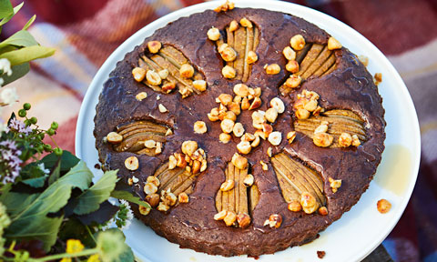 Spiced chocolate, hazelnut and pear torte