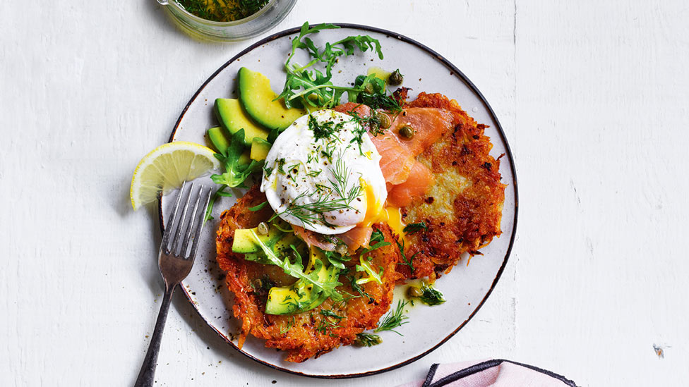 Potato rosti with poached egg and avocado