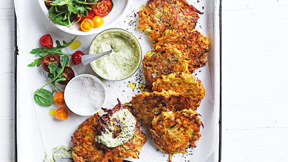 Seven sweet potato and zucchini fritters