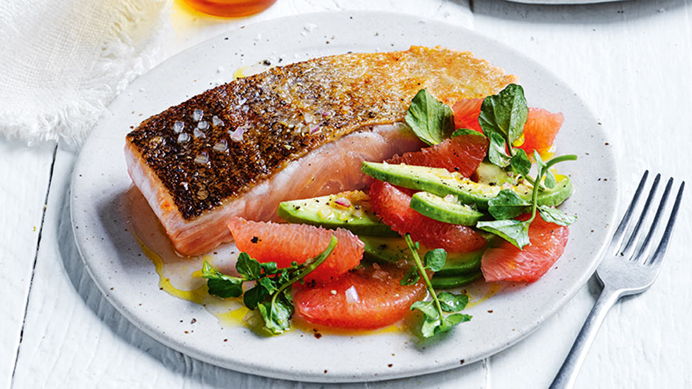 Crispy salmon with grapefruit and avocado salad