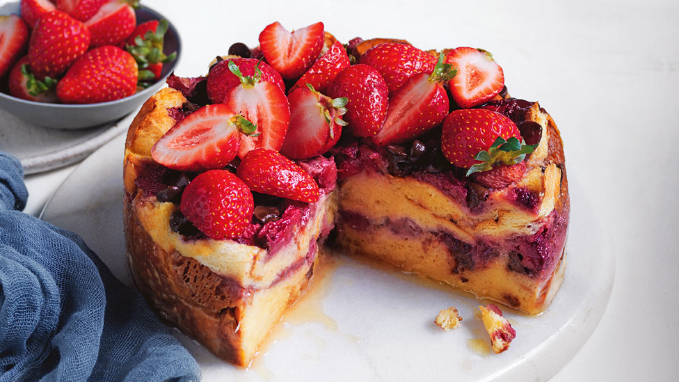 Three fourth of a choc-strawberry bread and butter pudding cake