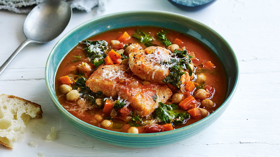 A bowl of fish and chickpea stew