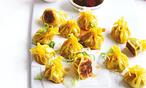 13 pork dumplings with spring onion on top and dipping sauce on the side