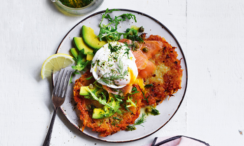 Potato rosti with poached egg and avocado