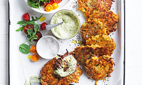 Seven sweet potato and zucchini fritters
